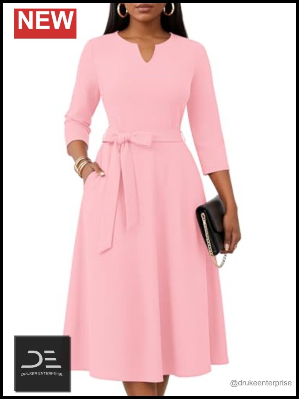 Women Midi Dress A-Line 3/4 Sleeve V-Neck Tie Waist Pockets